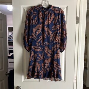 Elegant Navy and Brown Leaf Print Dress